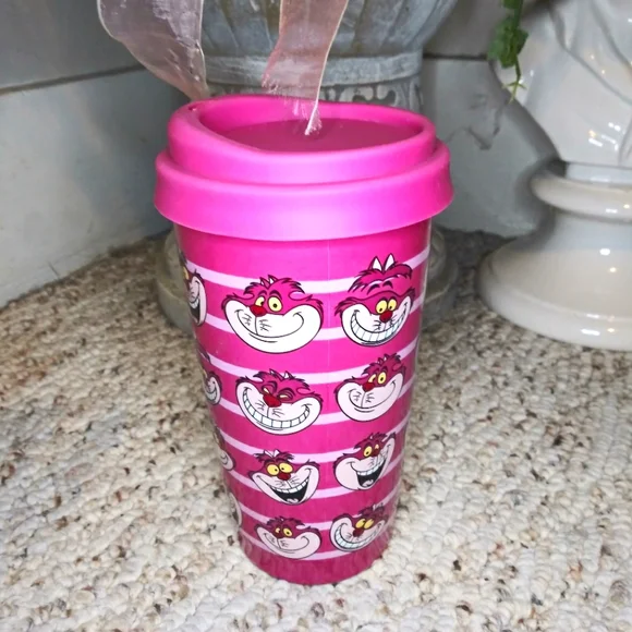 Disney Store Rare Fuschia/Pink Cheshire Cat Porcelain Travel Mug - Picture 2 of 7